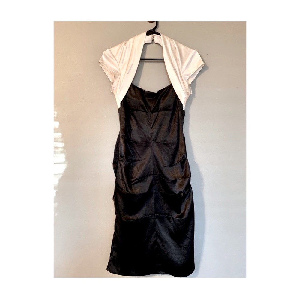 Morgan & Co. | Open Back Ruched Satin Black Dress with White Attached Shrug